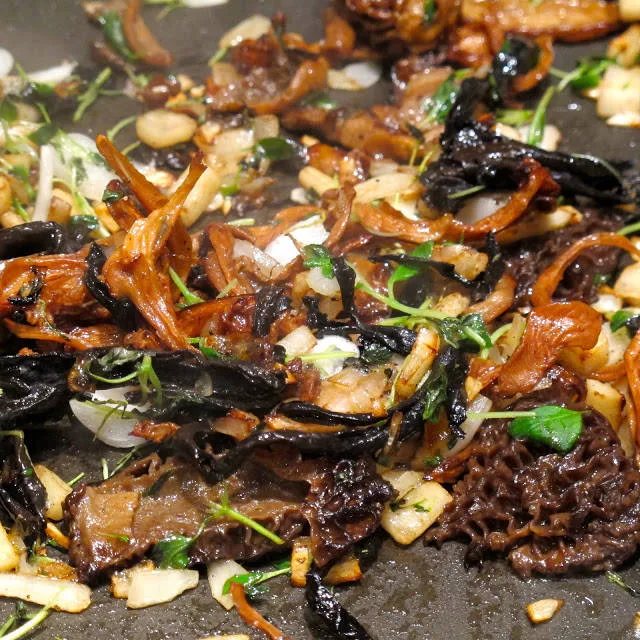 Når soppen er bløtet siler du av kraften/vannet, men tar vare på det til senere. Stek soppen i panne med smør sammen en liten neve finhakket persillerot, frisk timian og 2 fedd finhakket hvitløk. Salt og pepre godt og la surre i 10 minutter på medium varme. Tilsett et drammeglass sherry og la alkoholen dunste bort. Så tilsetter du 5-6 spiseskjeer med Rørosrømme eller vanlig seterrømme. (kremfløte kan brukes i stedet for). Rør godt og tilsett 6 cherrytomater (eller andre smaksrike minitomater) som du har skåret i 4 biter. 