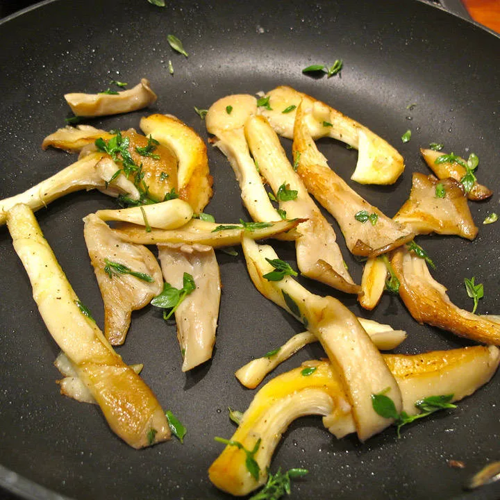 ØStershattsopp stekt i smør med timian, sitronsaft og sitronskall