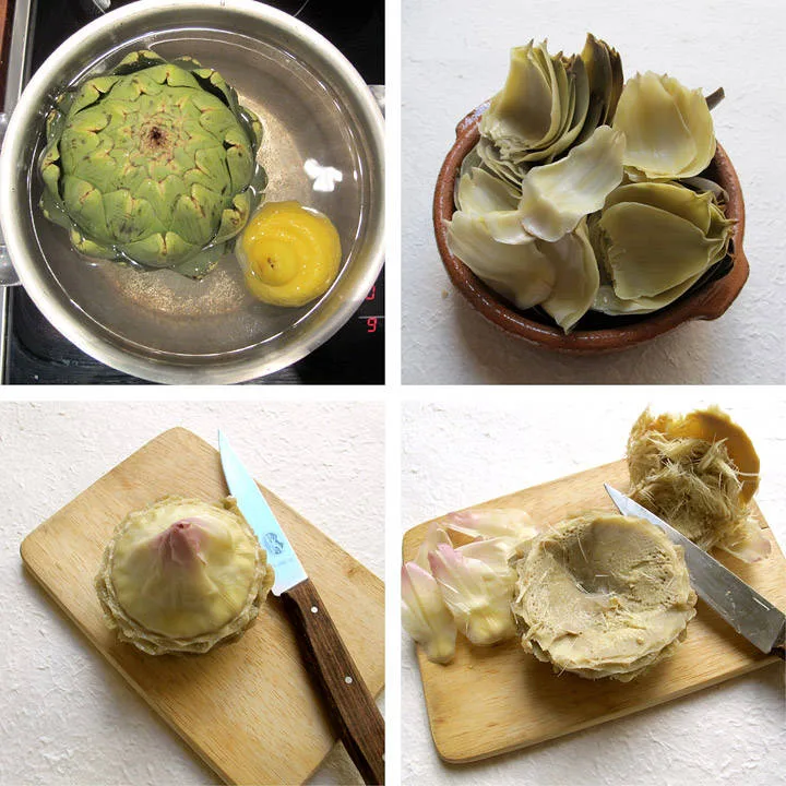 Kok artisjokken. Spis roten på bladene. Skjær ut "hjertet" og nyt!