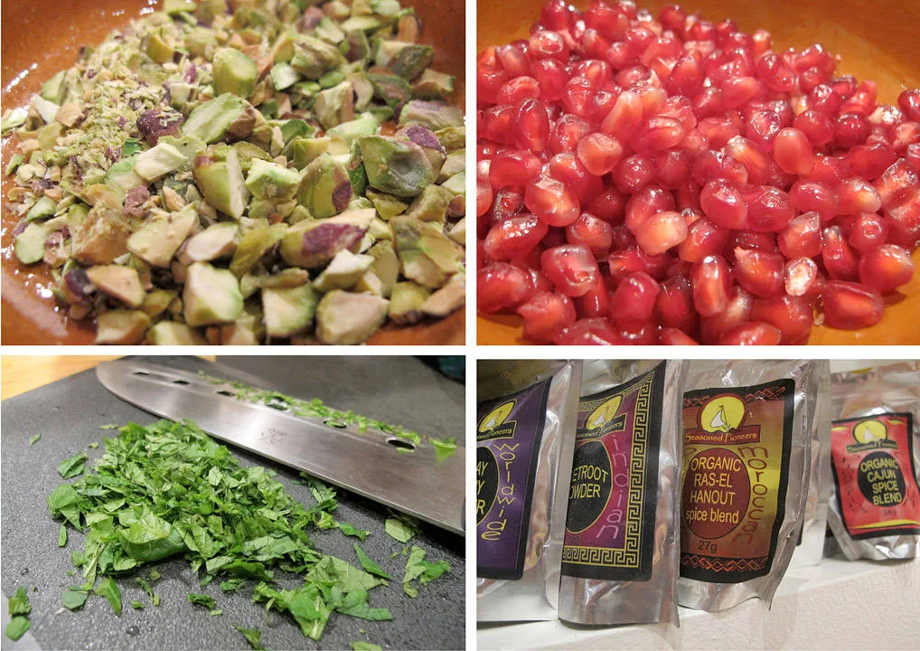 Hakkede pistasjnøtter, nydelige granateplekjerner og frisk mynte. Ras -el hanout-krydderet mitt.