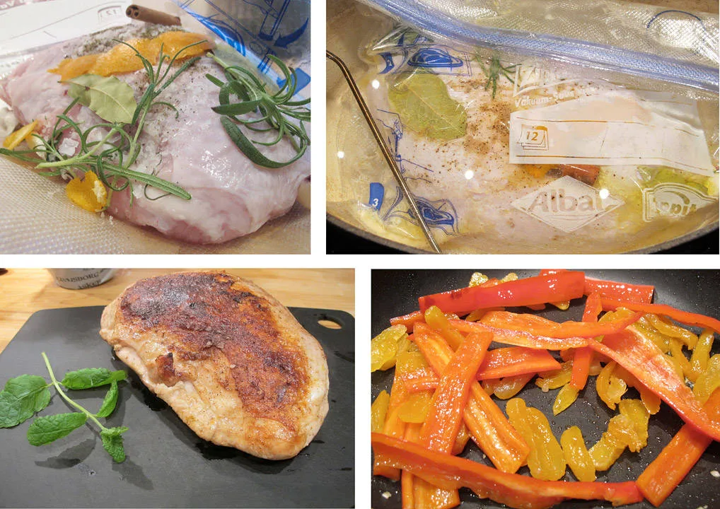 Kalkunen er klar til å få en runde i vannbad. Temperaturen ligger rundt 61 grader. Ferdig kalkunbryst etter en liten runde i pannen. Paprika og tørkede aprikoser klare til å lage smakfult tilbehør. (Les fremgangsmåte lenger ned i teksten)