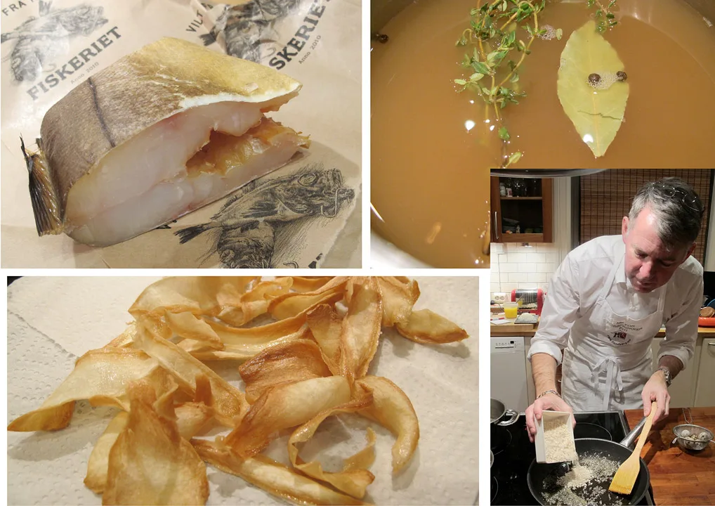 Herlig røkt kolje. Kraften er klar til risottoen. Pastinakkchipsene er ferdige på sekunder. Erik starter med risottoen. Full kontroll. Fll konsentrasjon.