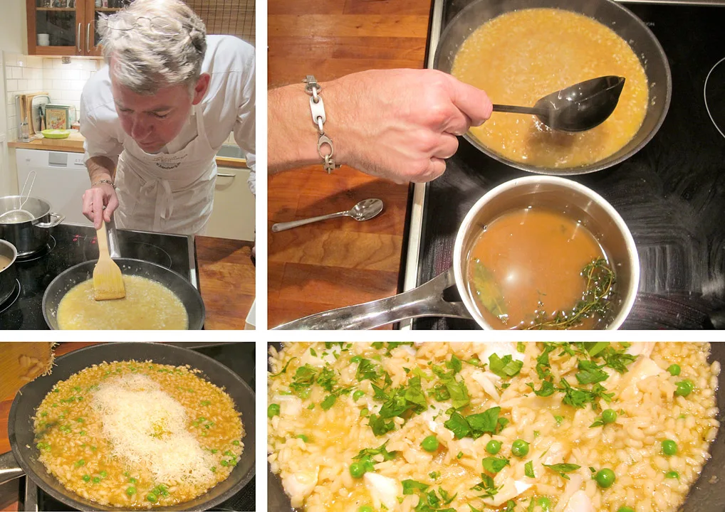 Erik jobber forsiktig med risottoen. Ikke røre, bare stryke. Øse for øse med kraft må til. Parmesan røres forsiktig inn sammen litt pepper. Kolje og erter i risottoen helt til slutt.
