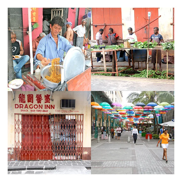 Street Food – kinastil (ø.v), Alle mann i arbreid! Grønnsaker renses før de havner på markedet. "Dragon Inn" ser mer og mer lukket ut for hver gang vi besøker byen. Kun fasaden igjen nå. (n.v) Paraplykunst på det men mer eksklusive delen av byen på Gaudan Watherfront.