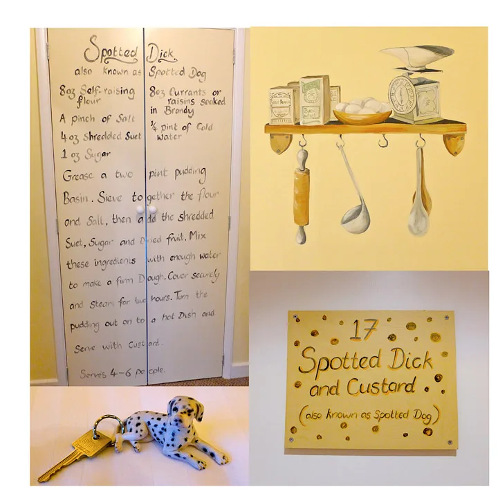 Oppskriften på The Spotted Dick er malt på en av dørene i rommet.