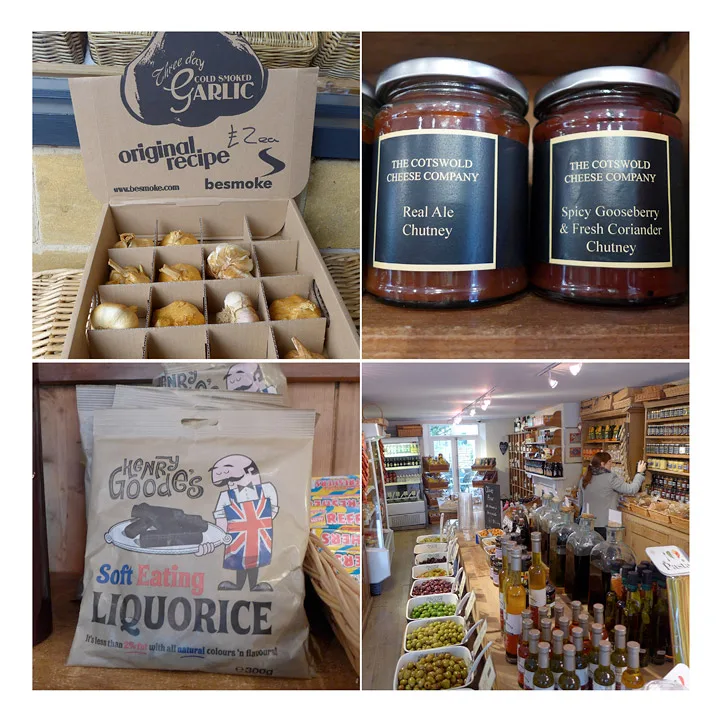 Røkt hvitløk. Spesialitet i Cotswold. Deilige glass med godsaker, engelsk lakris og hyllemeter med deilige varee.