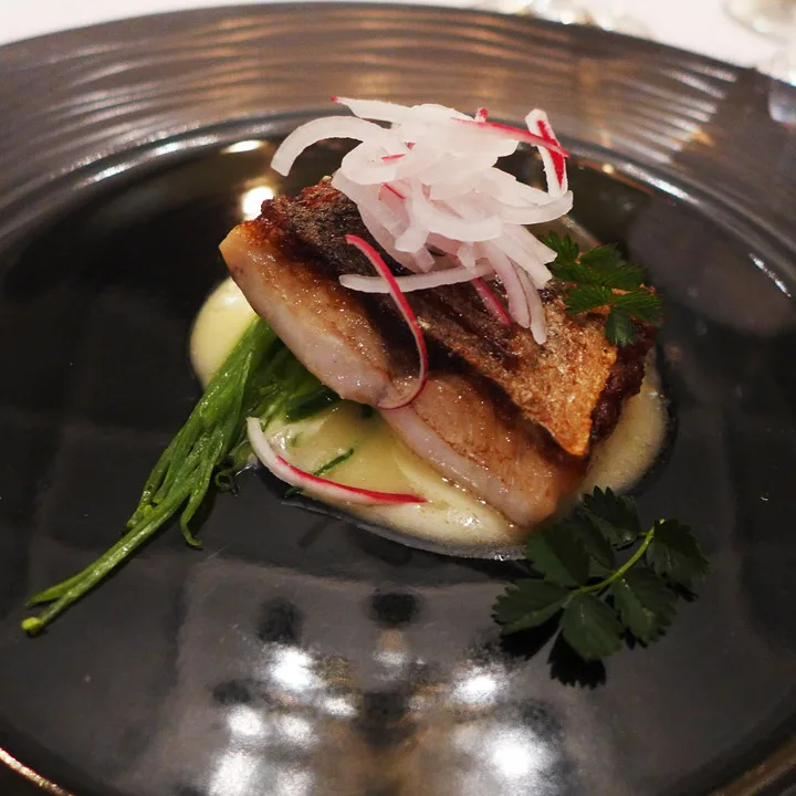 Sea Bass med sitron- olivenolje- og smørsaus, sukkererter og en deilig helårsurt som smaker av agurk og melon