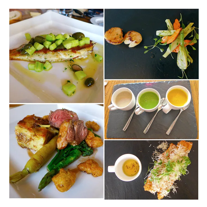 Perfekt torsk. trippelstekt chips. sitron creme brulëe med gin og tonic-flakes. rabarbra og vaniljekrem.