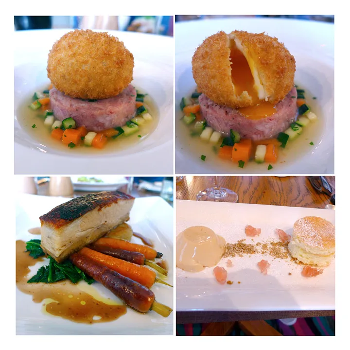 Kjøtt fra svineskank i deilig kraft med frityrstekt egg., Langstekt ribbe, te and kake-desert