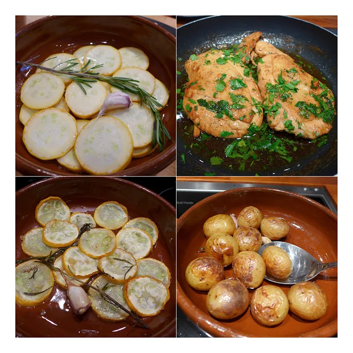 Squashform, poteter og kylling i panne