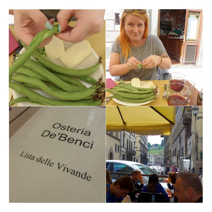 Jeg spiser en toscansk vårklassikker: Favabønner med fersk pecoriniost. Helt fantastisk! nederst til høyre ser du den deilige utsikten man har fra utebordene på restauranten. 