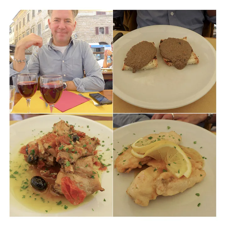 Osteria De'Benci i Firenze. Erik koser eg glugg. Øverst til høyre: Klassisk toscansk kyllinglevercrostini. Det ser helt jævlig ut, men smaker nydelig. Nederst til venstre: Ovnsbakt kanin med oliven og cherrytomater. Til høyre har vi restaurantens sitronkylling.