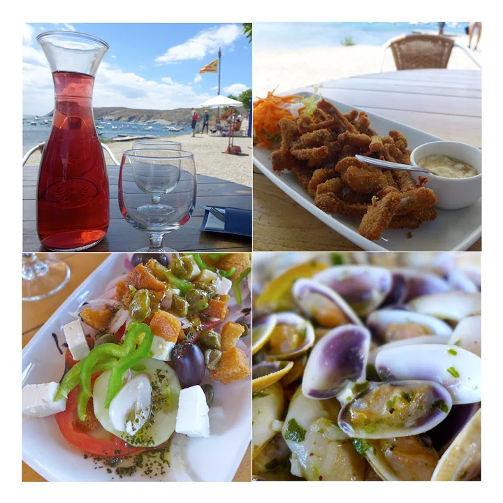 Xiringuito de la Mei: Kaninribbein, nydelig gresk salat (den beste jeg har spist) og tellin-skjell.