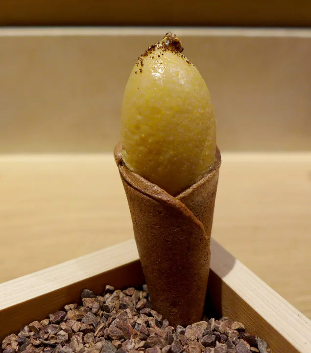 Cocoa cone with lúcuma ice cream and coffee.