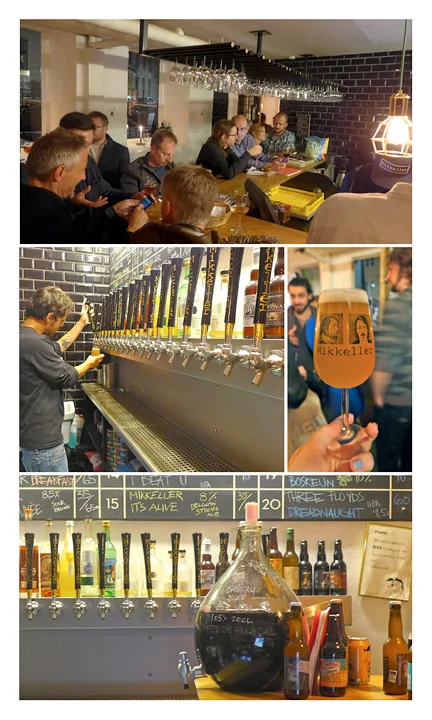 Stor stemning på Mikkeller i Viktoriagade. Her blir du spurt om hva slags øl du liker: Mild, mørk, lys, bitter osv. Så får du smake en sipp før du bestemmer deg hvilken en du vil ha.