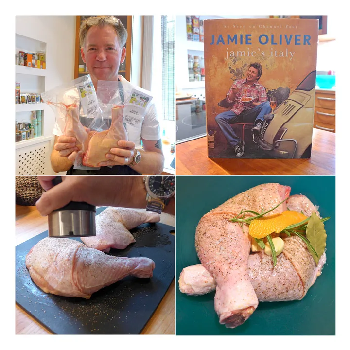 Erik har fått tak i noen svære kyllinglår fra Holte gård. Inspirajon til retten fra Jamie. Han salter og peprer lårene godt før han legger dem i en bolle med rosmarin, laurbærblader, hvitløk og en remse appelsinskall.