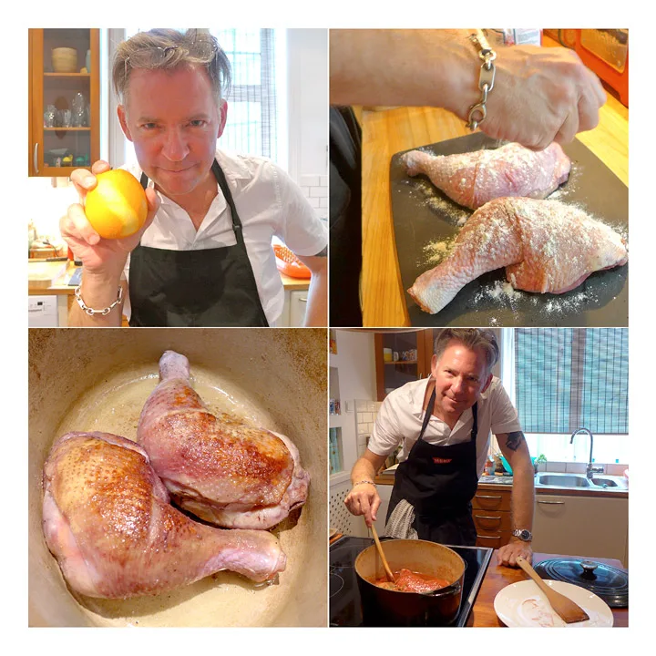 Erik med appelsin-trikset sitt. Lårene gnis inn med vanlig mel før de skal brunes i pannen. Så er vi igang med selve retten!