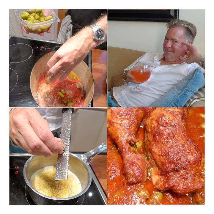 Oliven må til. Erik chiller med en bringebær-GT mens retten koser seg i ovene. Rett før servering lager han en deilig potetmos av kokte poteter, smeltet smør, fløte, salt, pepper og muskattnøtt. Perfekt til retten.