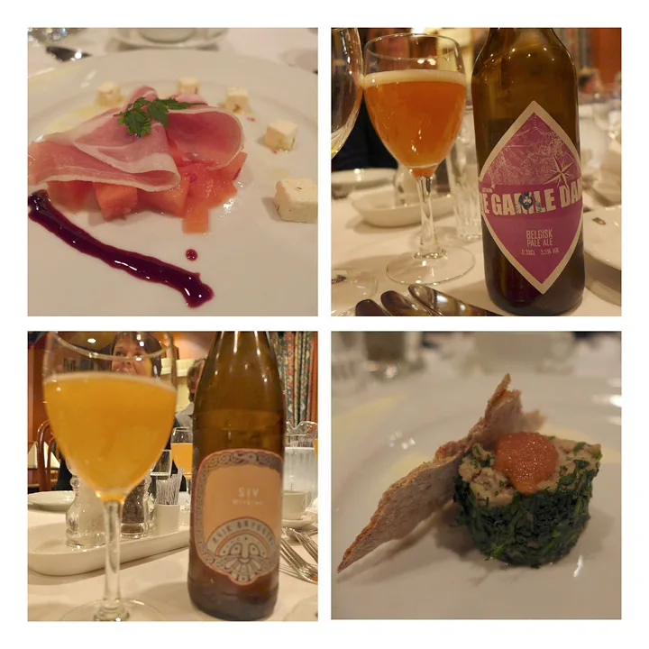 Festivalmiddag på Rica på fredag. Vi startet med et glass musserende og en vårrull med svineknoker. Fantastisk godt. Første rett inne i restauranten ser du her: Langtidsmodnet spekeskinke med vannmelon, lime, chili, honning, blåbærsirup og Betaost. «Tre gamle damer» (belgisk pale ale) til retten fra Austmann bryggeri. Rett nummer to: Nydelig vågåsild-mousse med urter, røkt rogn, agurkgele, pepperrotkrem og hjemmebakt knekkebrød. Ølet Siv fra Ægir ble servert til. Fantastisk match. Smak av bitter appelsin og koriander.