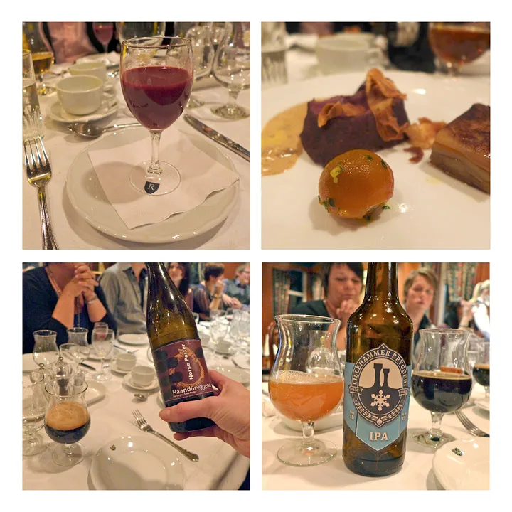 Bærshot med tjukkmelk fra Røros. Hovedrett var perfekt stekt hjortemedaljong med kremet soppsaus med blåmuggost, beter, fritert skorsonerrot og pomme Anna. Her fikk vi servert to forskjellige øl til: Ipa fra Lillehammer bryggeri og Norse Porter fra Haand bryggeri.