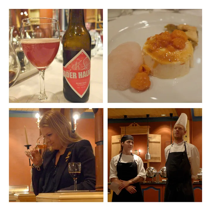 Desserten var pannakotta med multer, rabarbrakake og tesorbet. Ølet var fantastisk spennende til. «Fader Halvar» fra Austmann hadde klarer toner av bringebær og fungerte utrolig bra. Flinke ølekspert, Camilla Trondsen fortalte oss om ølet vi fikk servert til rettene som de dyktige kokkene lagde til oss.
