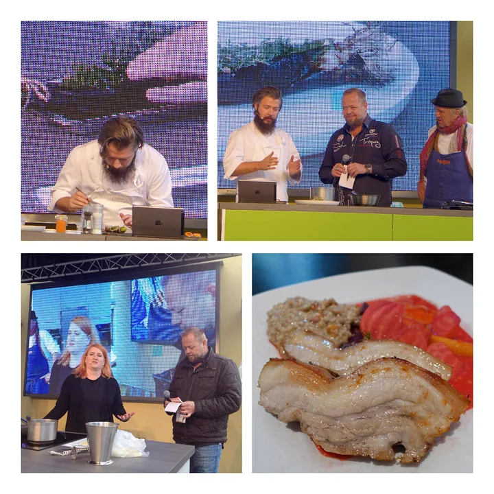 Even Ramsvik i aksjon med å lage grillet purre med rogn, hasselnøtter og tang. Even på scenen med Asgeir Borgermoen og Bjørn Hettervik. Jeg på scenen sammen Asgeir. Festivallunsj komponert av Even Ramsvik: Fjellgris fra Valdres tilberdt i kokegrop, men beter og kornotto med sopp. Share on Facebook