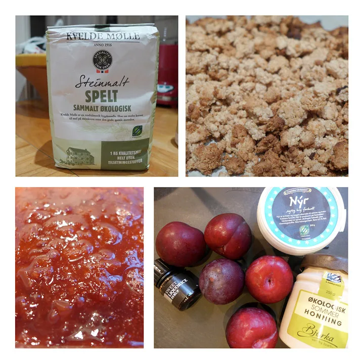 Knas laget av sammal speltmel og honning. Plommepuré laget med lakris og honning.