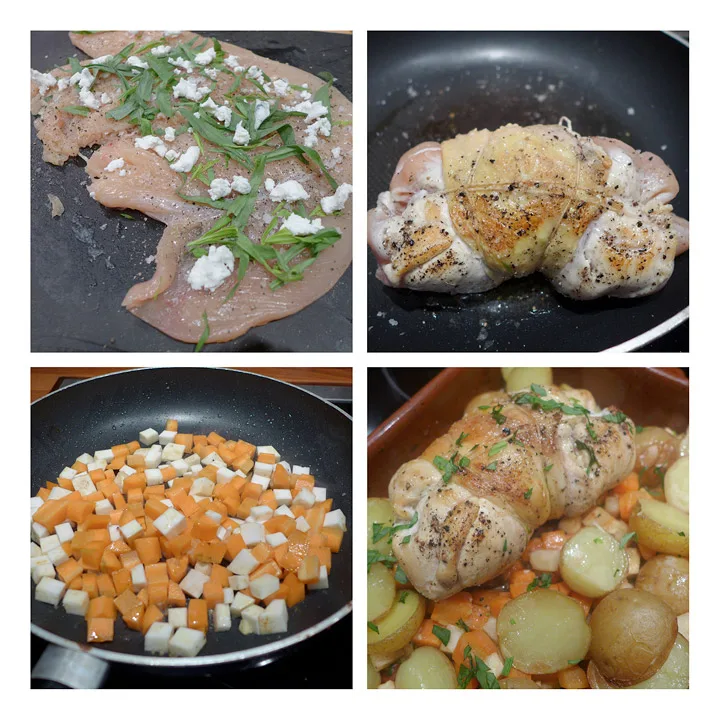 1. Kyllingkjøttet er banket ut og fått et godt drag pepper og salt over seg, samt askechevre (eller annen lys geitost) og estragon. 2. Kyllingruladen brunes i pannen med litt olivenolje. 3. Rotfrukter i terninger stekes raskt i en panne. 4. alt klart for ovnen!