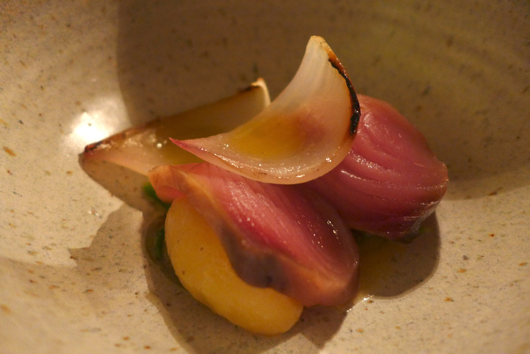 Bonitofisk med syltet løk.