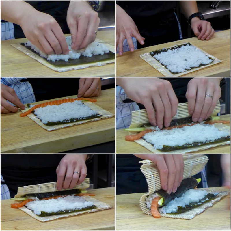 Fordel risen og la en stripe på noriarket funger som limekant. Legg på det du liker av ingredienser og rull med jevnt trykk.