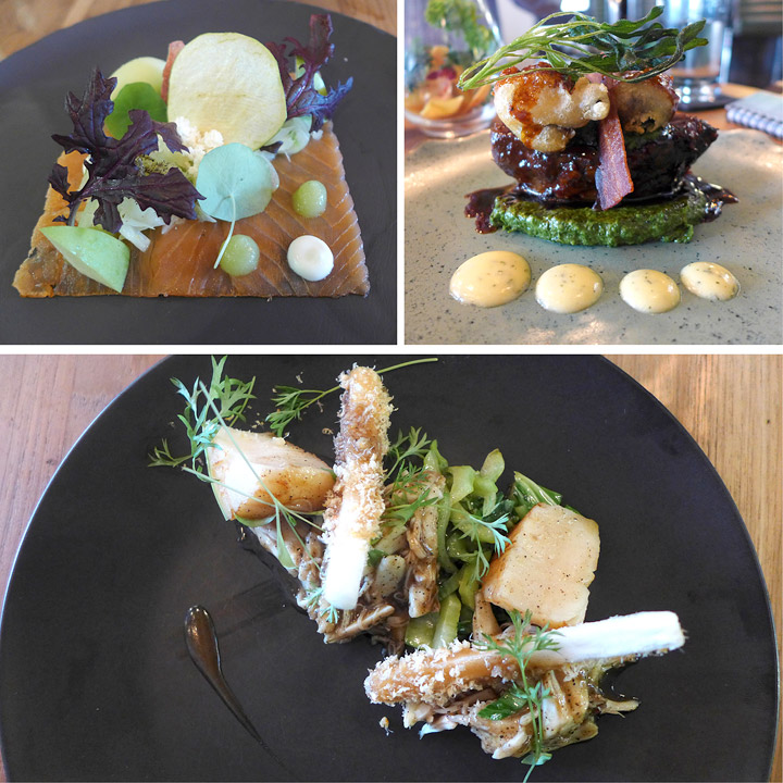 Duxton12 Erik hadde røkt ørret med teksturer av eple som forrett. Jeg hadde en moderne tolkning av black pepper crab. Øverst til høyre er min hovedrett: Oksekjaker med bakon, tempuresnegler og hvitløks- og persille.