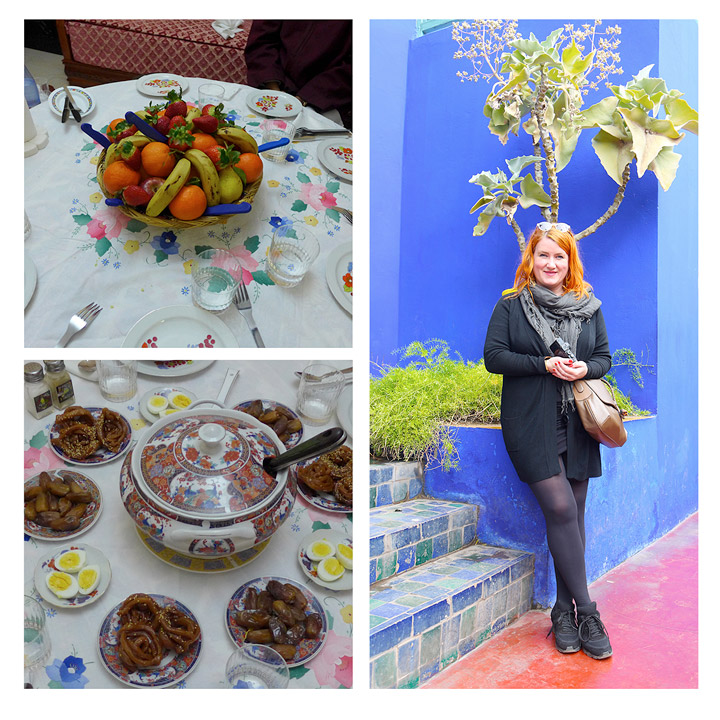 Herlig fruktfat. Bordet er dekket til Harira. Meg i Majorelle-hagen.