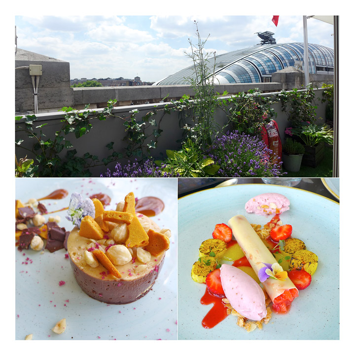 Utsikt utover Londons hustak. To eksepsjonelle desserter. Vakre og veldig gode.