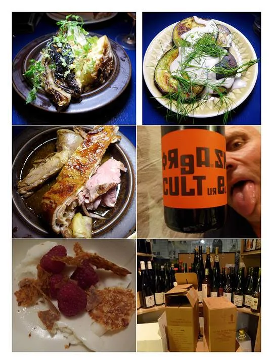 Stekt sommerkål med ølsaus og bokvete. Perfekte stekte auberginer (min favoritt!) med ansjossaus og dill. Fantastisk lemmeskank, lammeribbe og lammeskulder fra Nord-sjælland. Den røde naturvinen var faktisk veldig god. ingen kommentar til mannen i bakgrunnene… Dessert: mandelis, bringebær og mandelflan. En perfekt kombinasjon. Tok en tur i vinrommet etterpå.