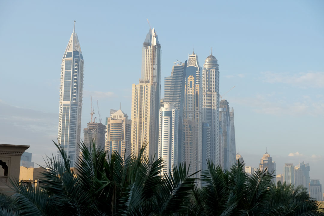 Skyskrapere i soloppgang.